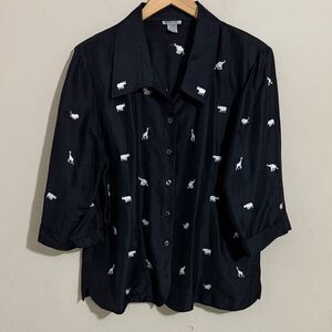 Vintage Black Silk Embroidered Safari Animal Boxy Button Up Shirt size XL Career